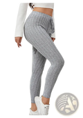 Gray ribbed knit stretchy leggings with a drawstring waistband made of soft knit fabric for comfortable wear