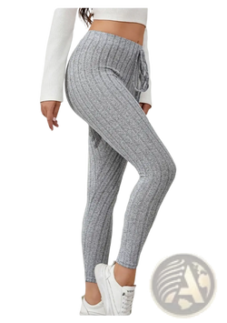 Gray ribbed knit stretchy leggings with a drawstring waistband made of soft knit fabric for comfortable wear