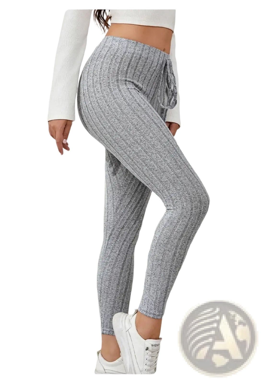 Gray ribbed knit stretchy leggings with a drawstring waistband made of soft knit fabric for comfortable wear