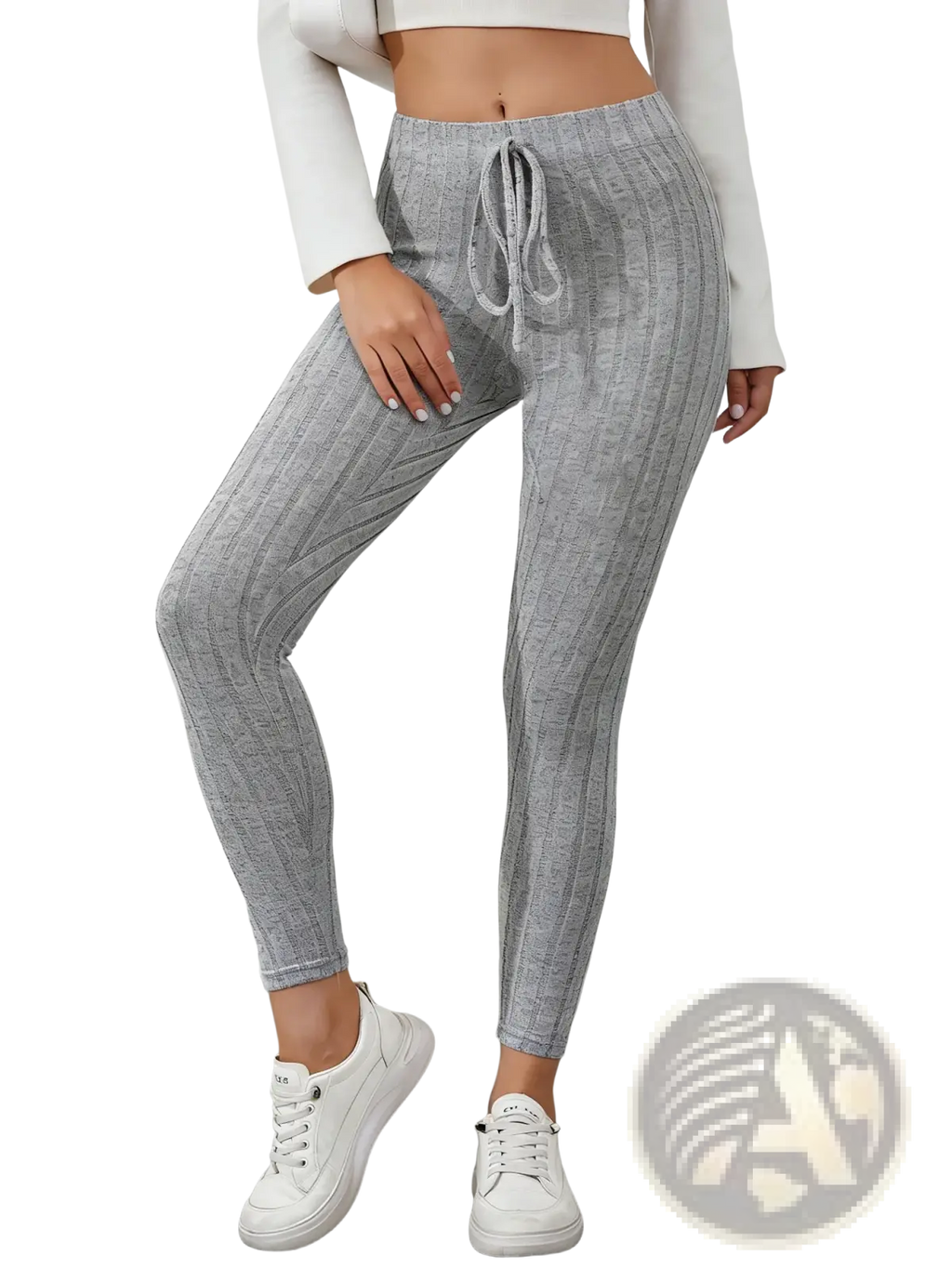 Gray ribbed knit stretchy leggings with a drawstring waistband made of soft stretchy fabric for comfort and style