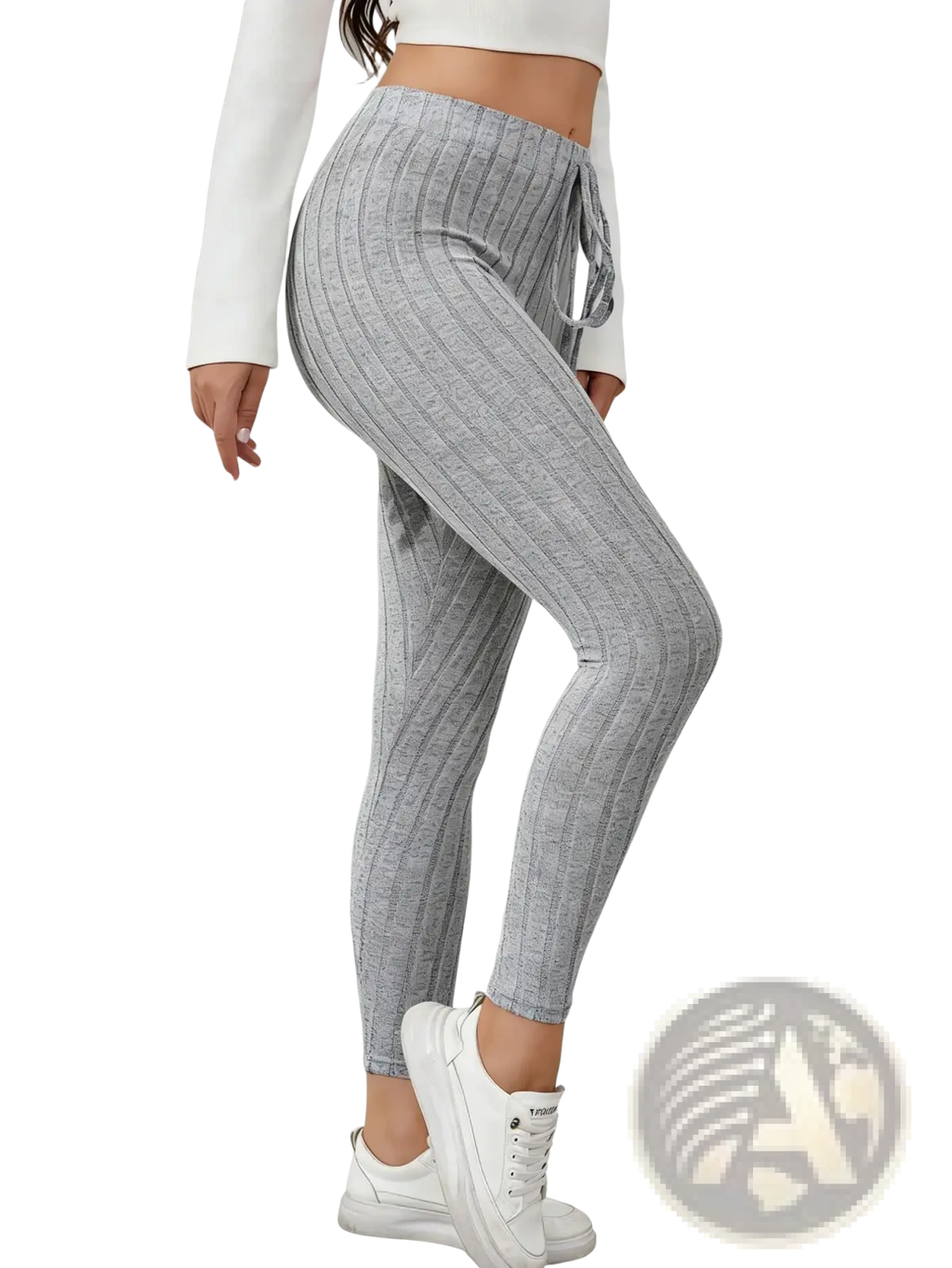 Gray ribbed knit stretchy leggings featuring a drawstring waistband for adjustable comfort and fit