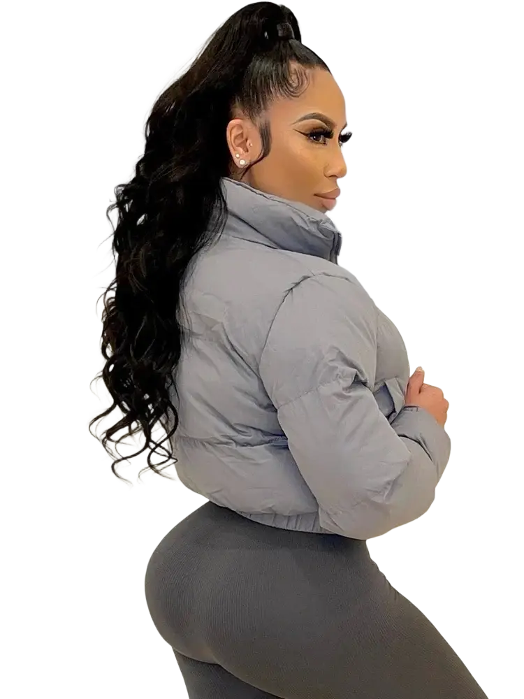 Gray short puffer jacket for women with high collar and quilted design ideal for cold weather wear