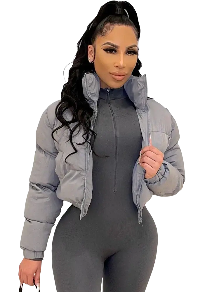 Gray short puffer jacket for women with high collar zipper front made of quilted synthetic material