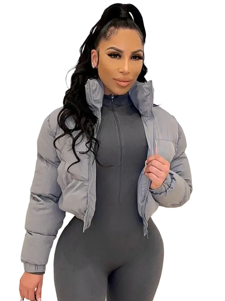 Gray short puffer jacket for women made of quilted synthetic material with a high collar and front zipper