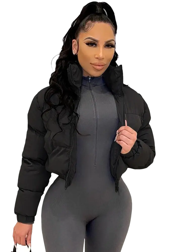 Black puffer jacket with high collar and quilted design worn over matching gray bodysuit for women