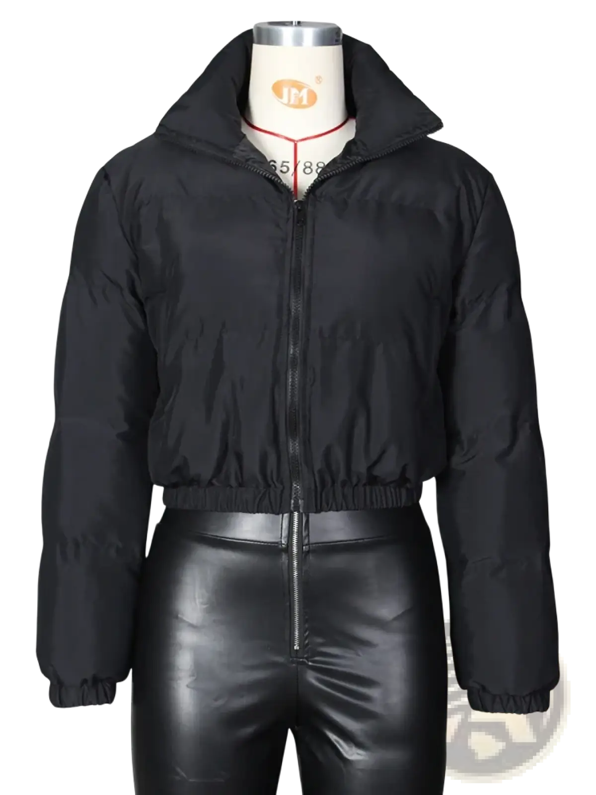 Black puffer jacket with high collar and elastic waistband displayed on mannequin for women’s outerwear