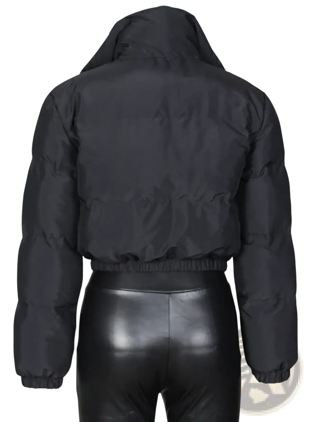 Black puffer jacket for women with hood and elastic waistband designed for warmth and comfort