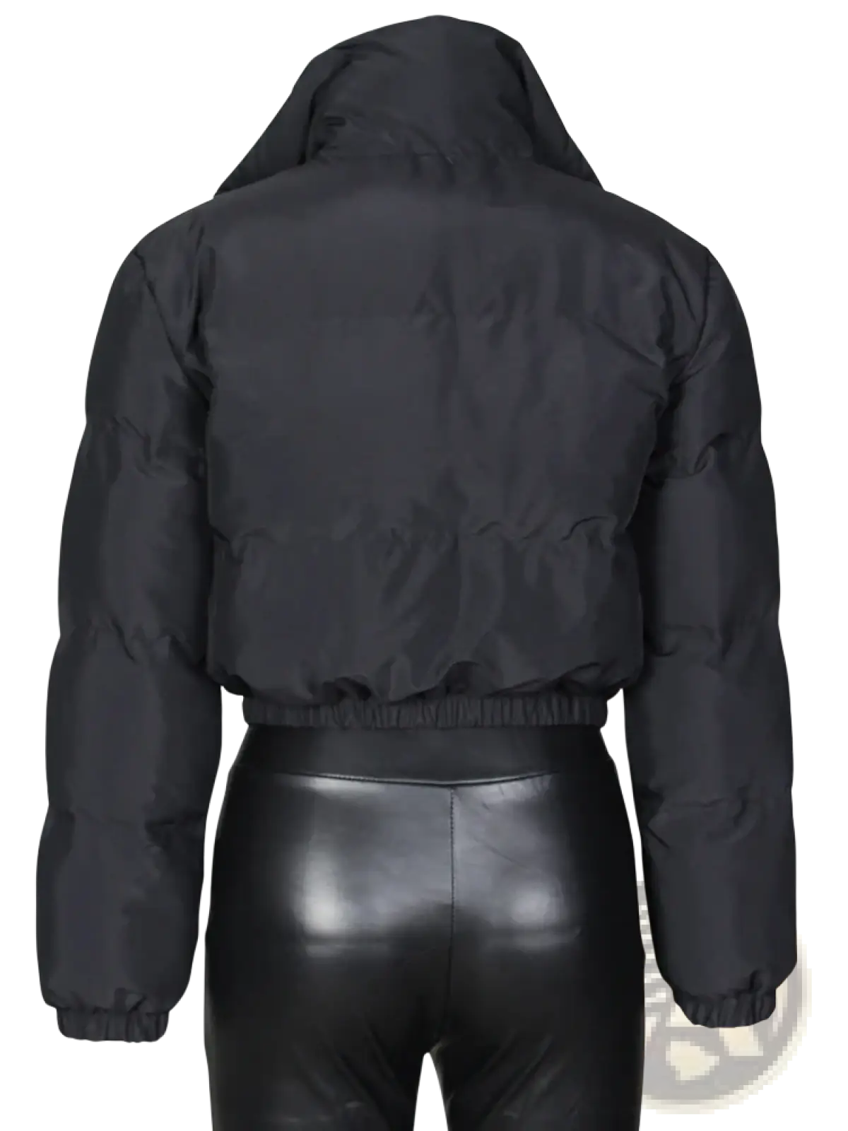 Black puffer jacket for women with hood and elastic waistband designed for warmth and comfort
