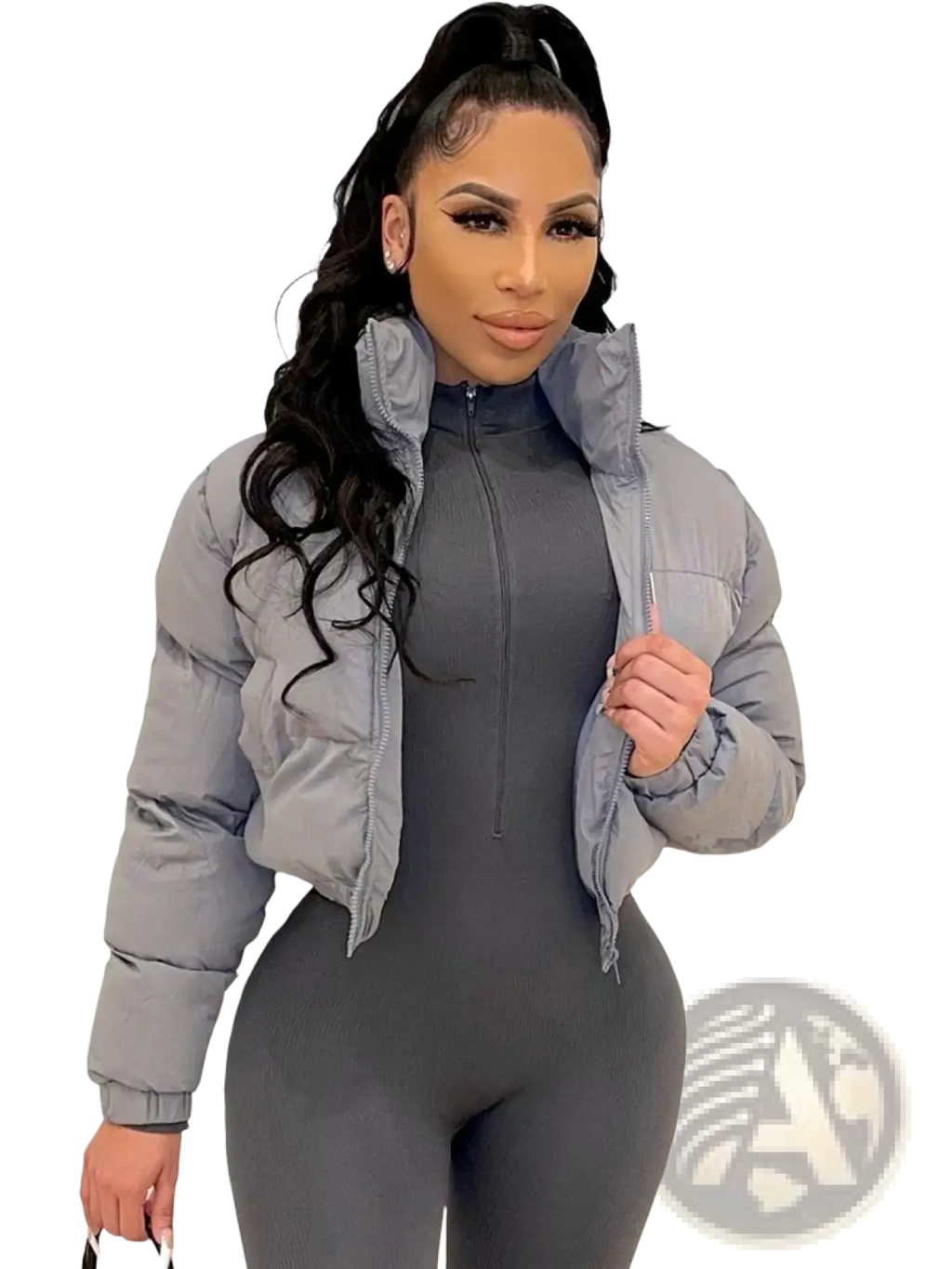 Gray short puffer jacket for women with high collar zipper front made of quilted synthetic material