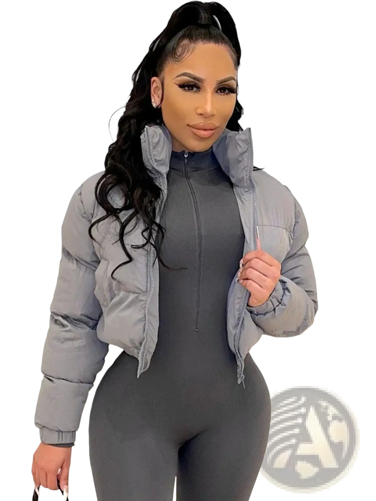 Gray short puffer jacket for women with high collar zipper front made of quilted synthetic material