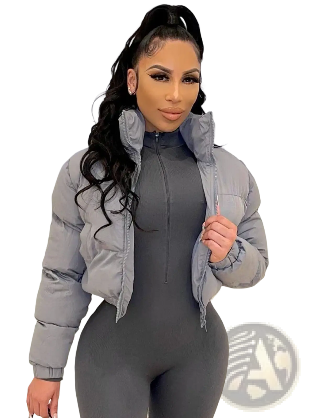 Gray short puffer jacket for women made of quilted synthetic material with a high collar and front zipper