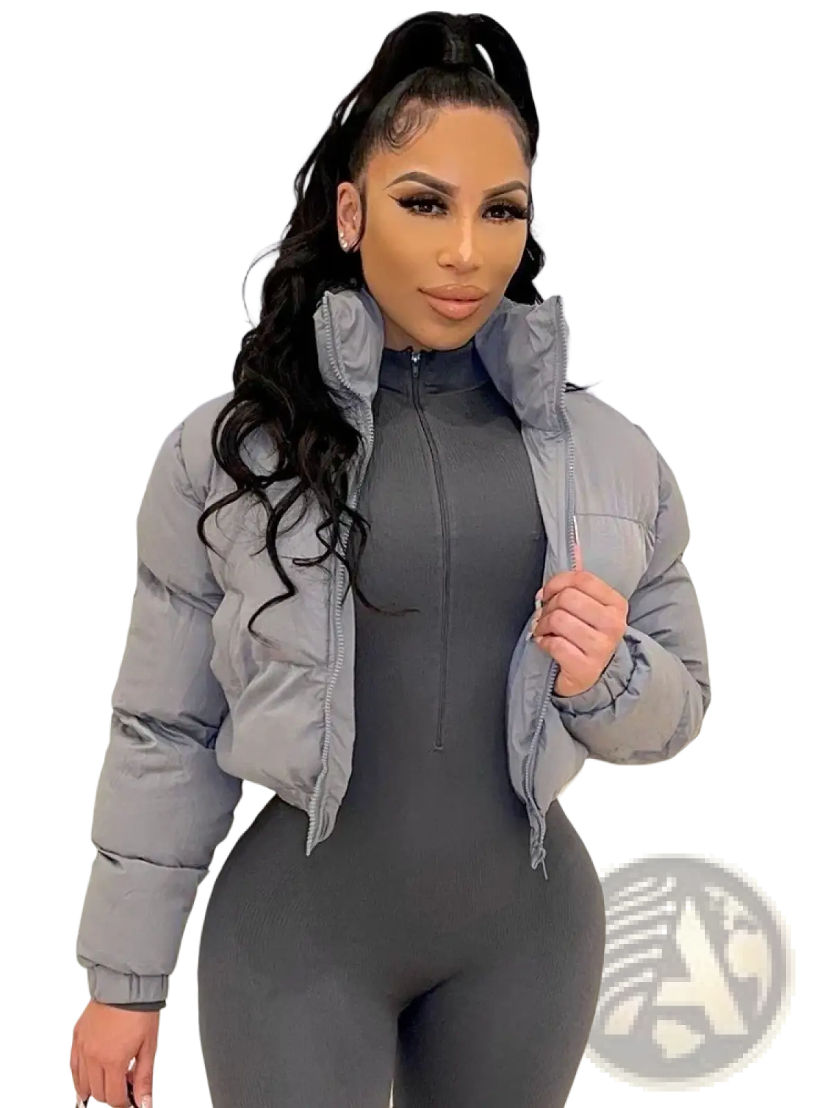 Gray short puffer jacket for women made of quilted synthetic material with a high collar and front zipper