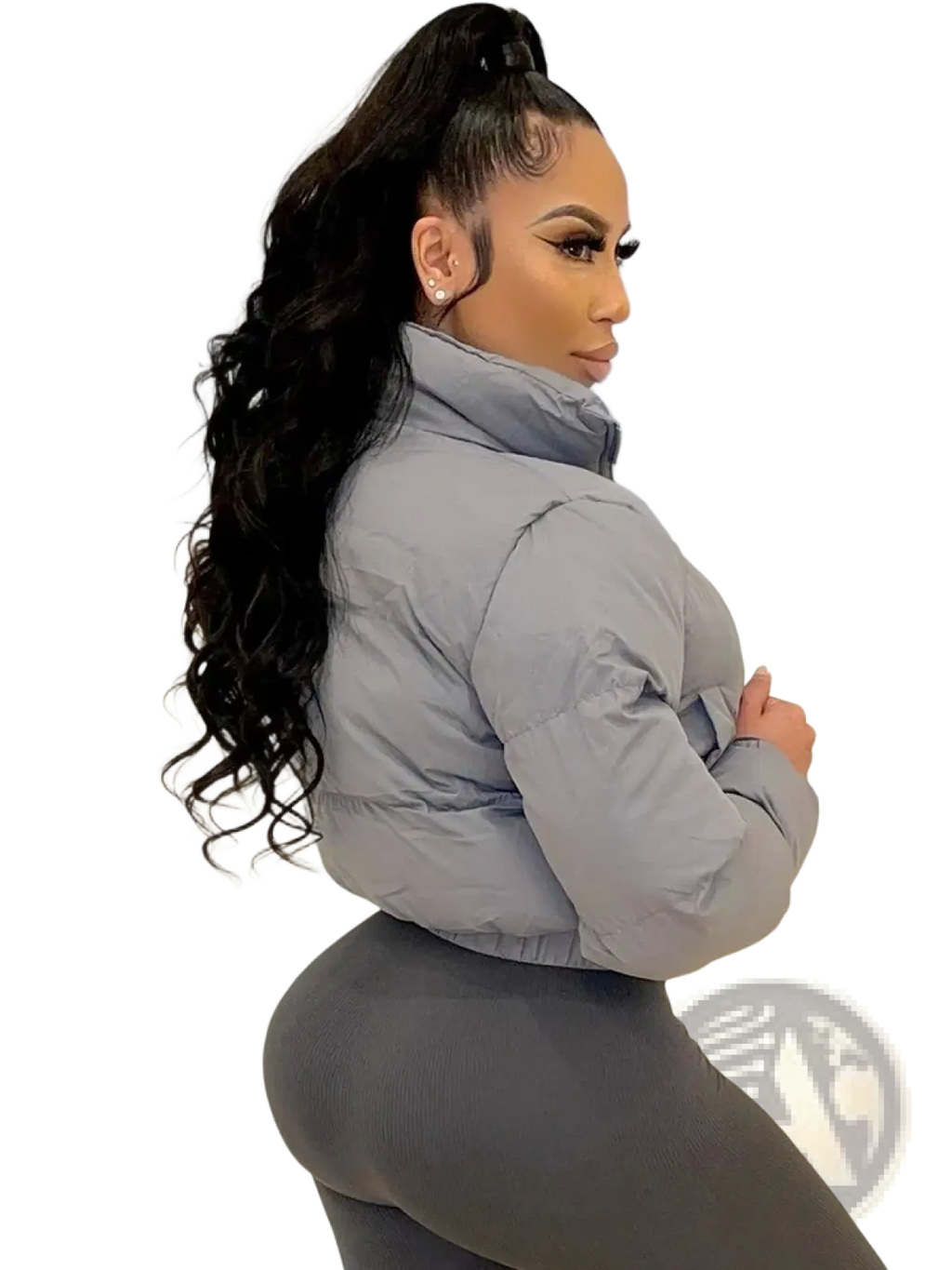 Gray short puffer jacket for women with high collar and quilted design ideal for cold weather wear