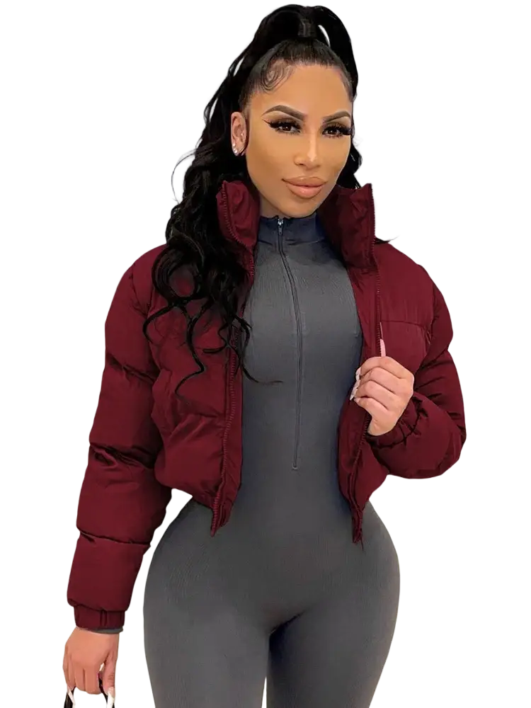 Maroon quilted puffer jacket with high collar shown from the back in a gray short puffer jacket for women product page
