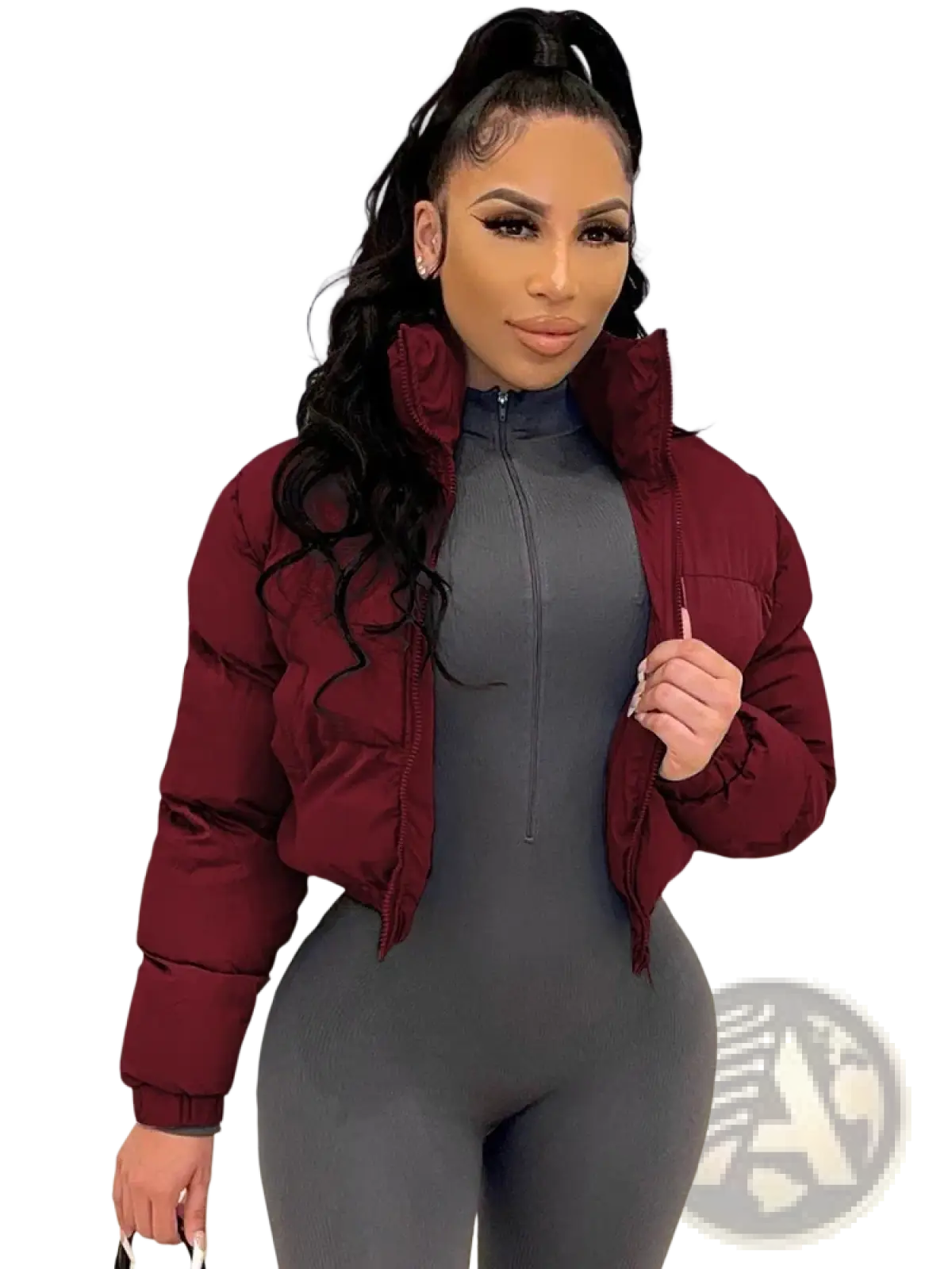 Maroon quilted puffer jacket with high collar shown from the back in a gray short puffer jacket for women product page