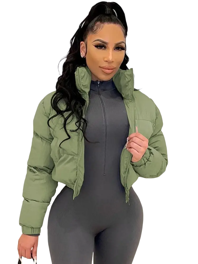 Olive green women’s puffer jacket with high collar and zipper front, contrasting gray short jacket title shown