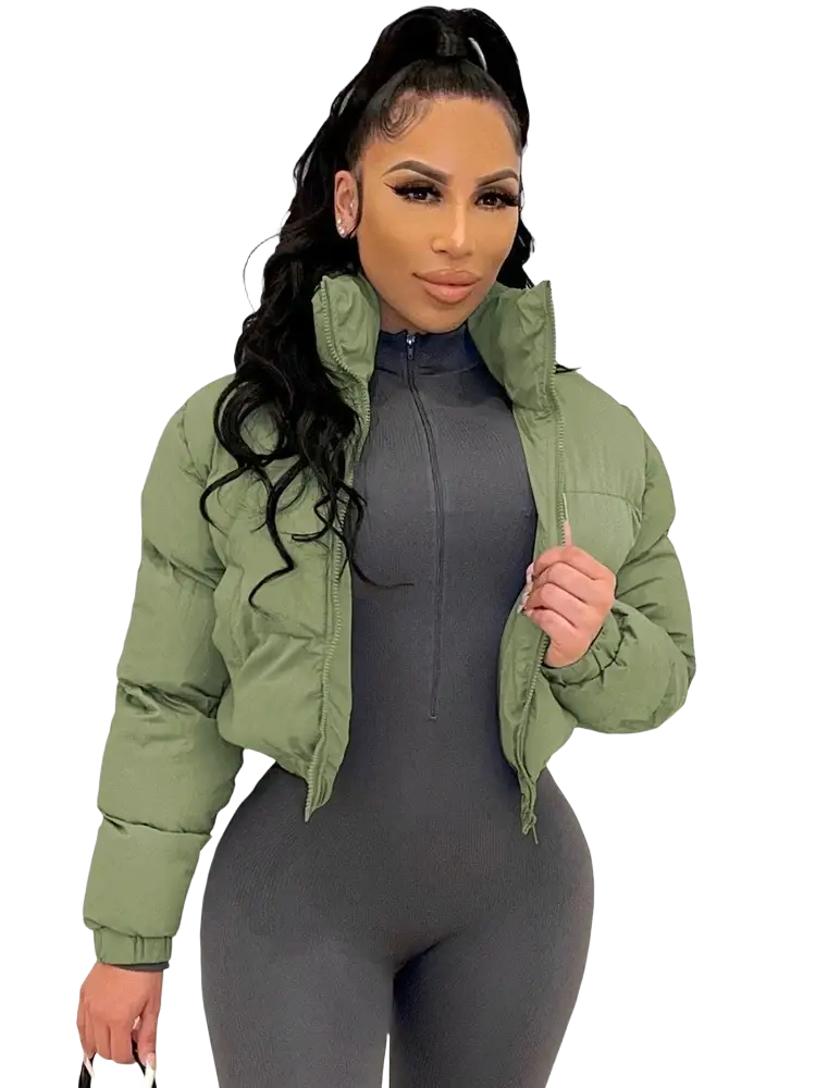 Gray short puffer jacket for women featuring olive green quilted design and high collar in puffer material