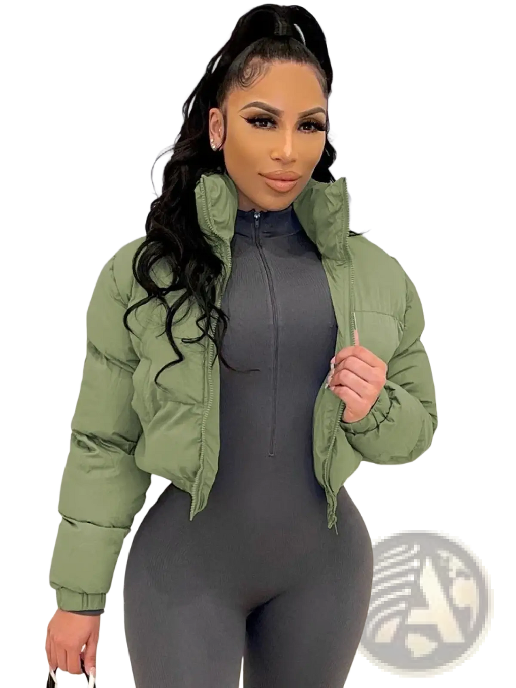 Olive green women’s puffer jacket with high collar and zipper front, contrasting gray short jacket title shown