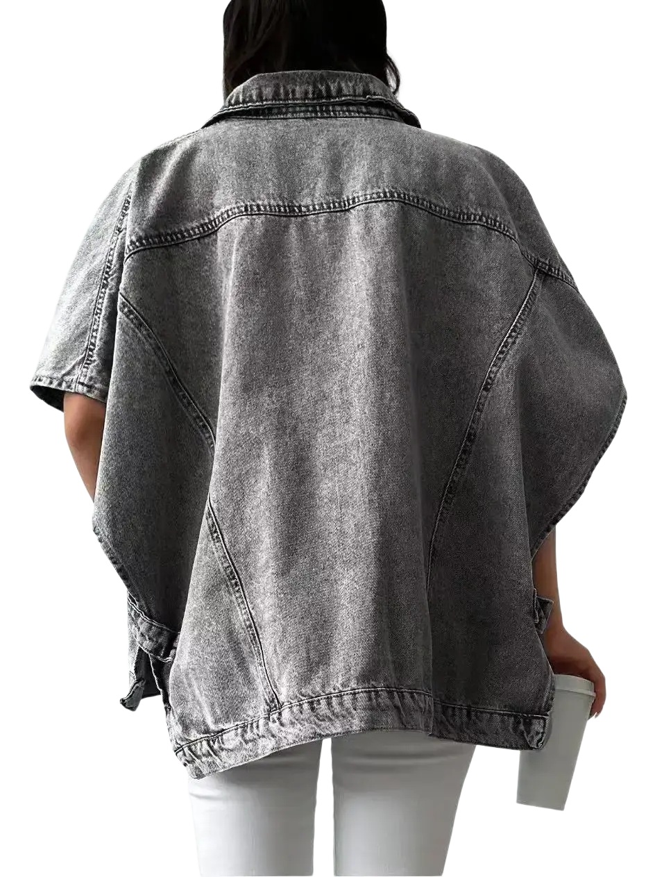 Gray short sleeve denim jacket loose casual top with dark gray color and relaxed silhouette in denim material