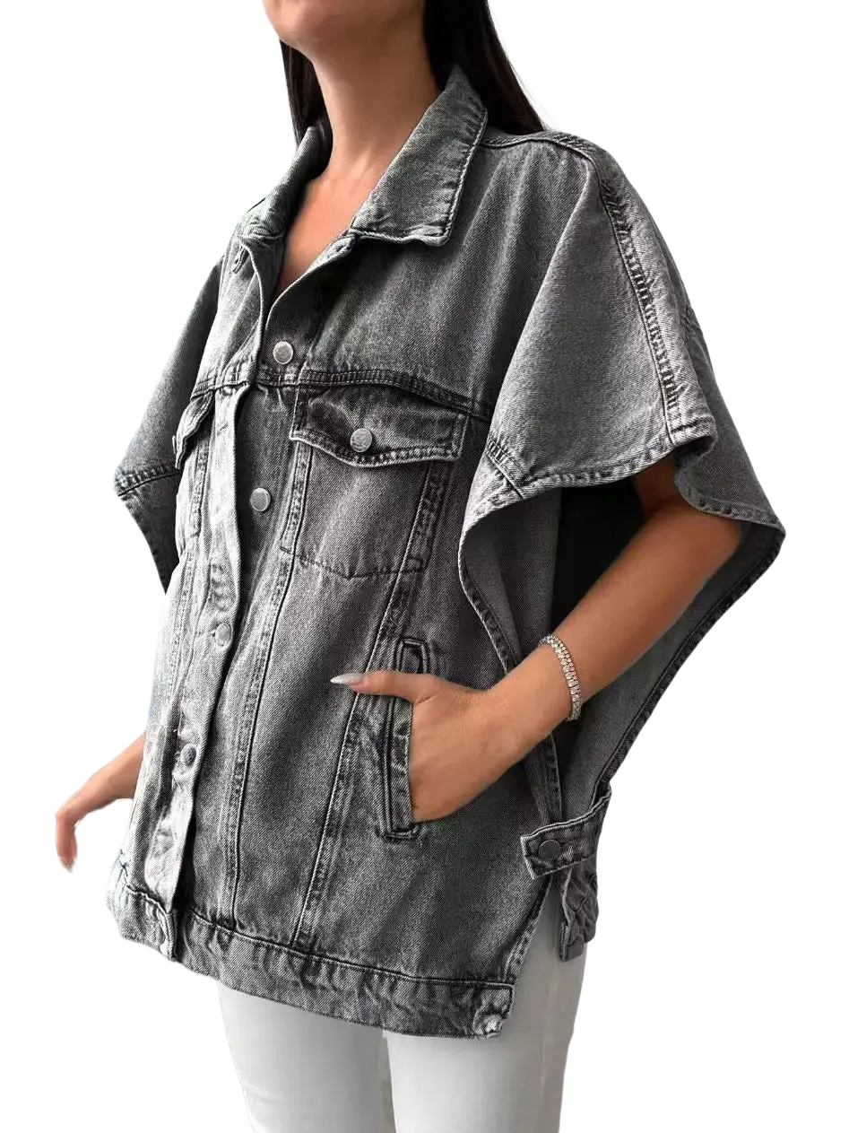 Dark gray distressed denim jacket with short sleeves and a relaxed fit perfect for casual wear