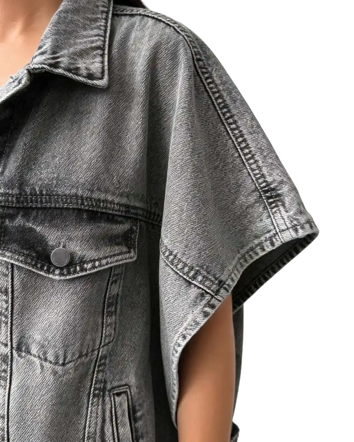 A dark gray faded denim jacket with short sleeves and a loose casual fit for everyday wear