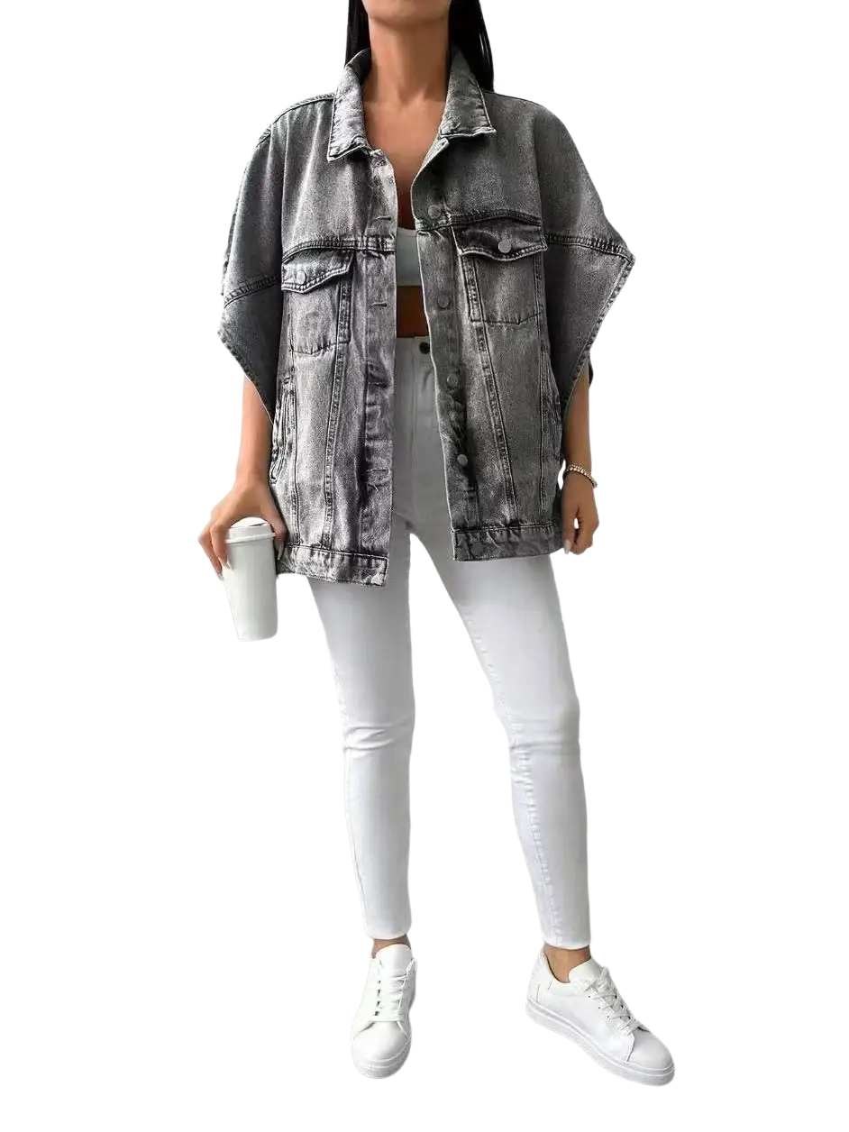 Gray short sleeve denim jacket with distressed texture loose fit and flap pockets casual top in relaxed style