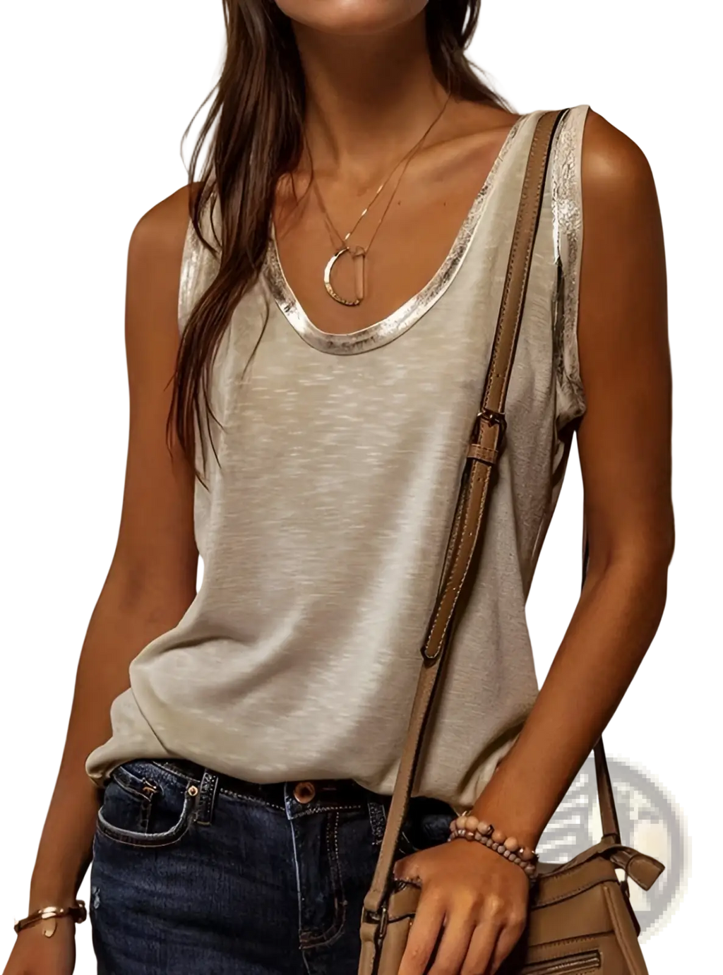 A soft light gray sleeveless casual tank top with shimmering silver trim along the neckline