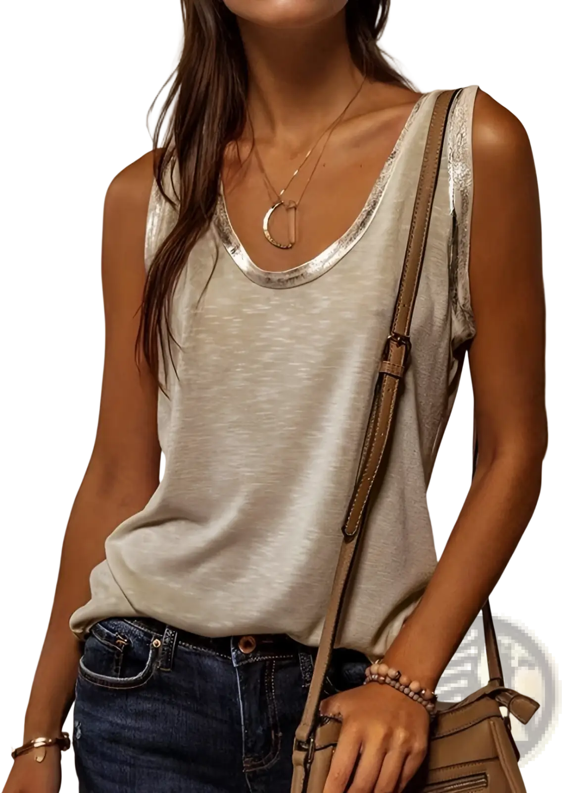 A soft light gray sleeveless casual tank top with shimmering silver trim along the neckline