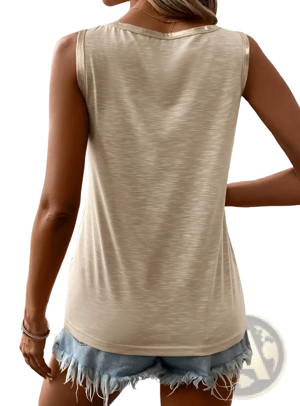 Beige sleeveless casual tank top with soft textured fabric and subtle gold trim along the neckline