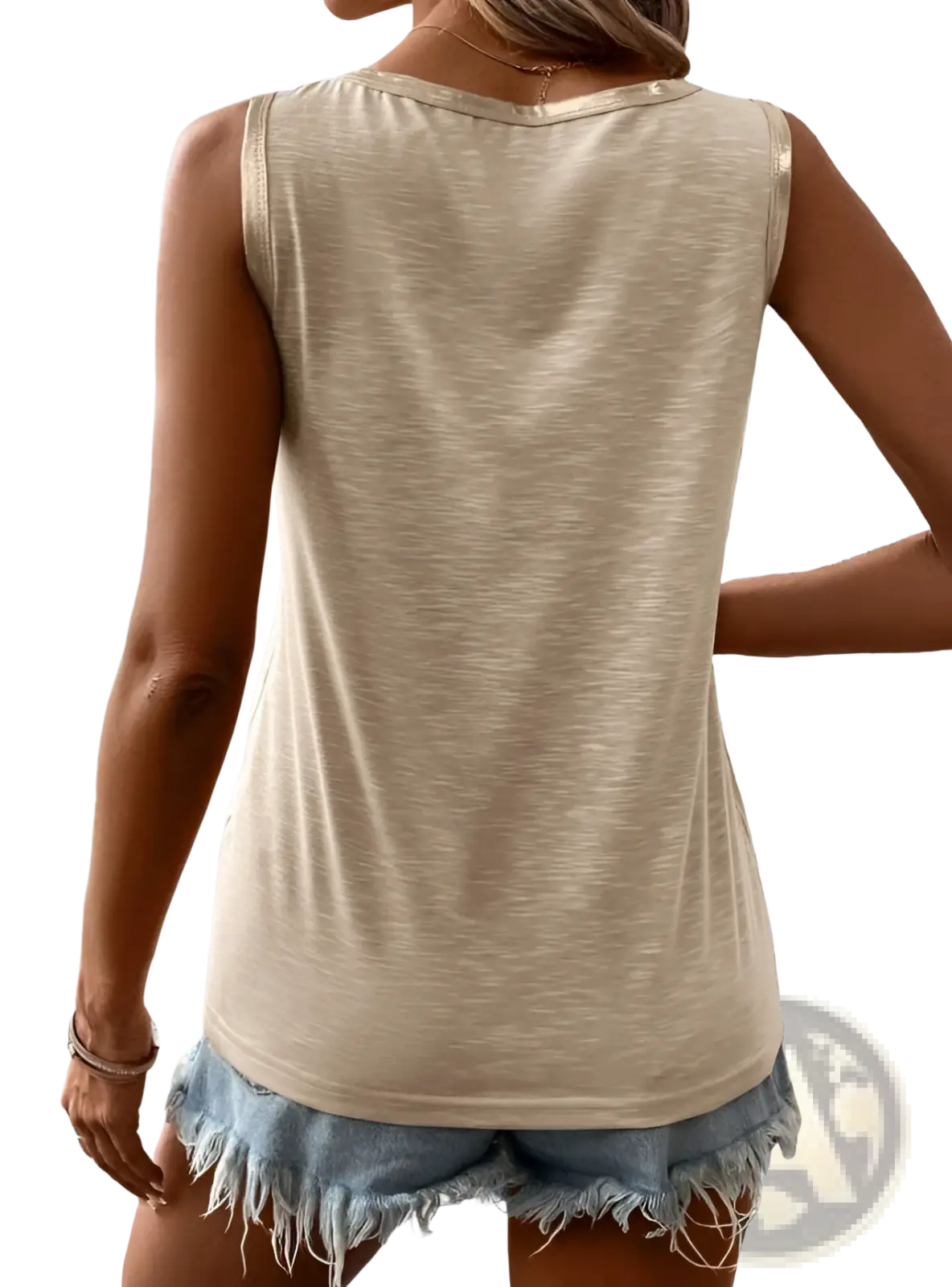Beige sleeveless casual tank top with soft textured fabric and subtle gold trim along the neckline