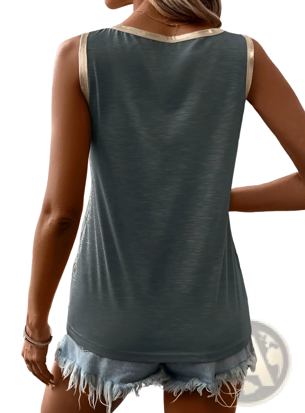Gray casual sleeveless tank top with silver trim neckline and frayed hem for everyday wear