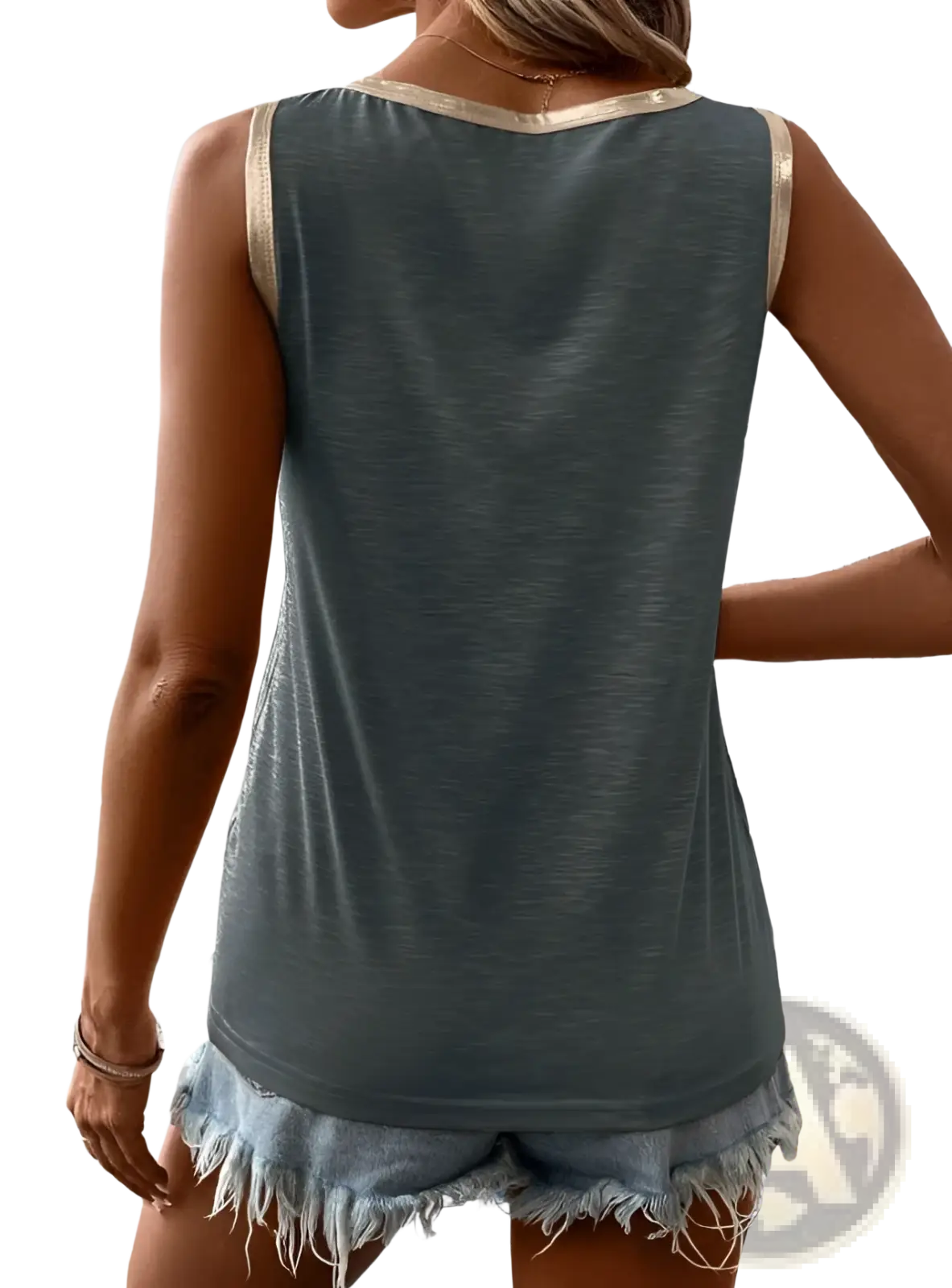 Gray casual sleeveless tank top with silver trim neckline and frayed hem for everyday wear