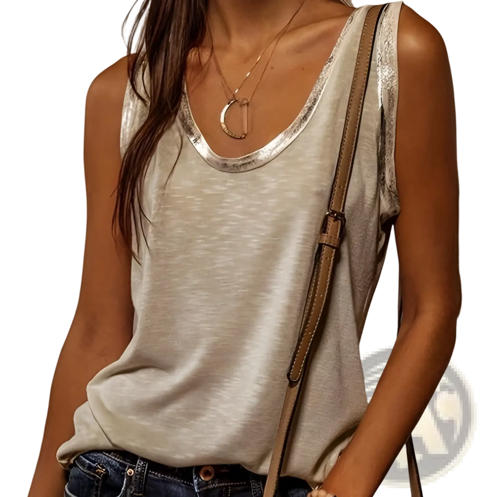 A soft heathered gray sleeveless tank top with shimmering silver trim on neckline and armholes for casual wear