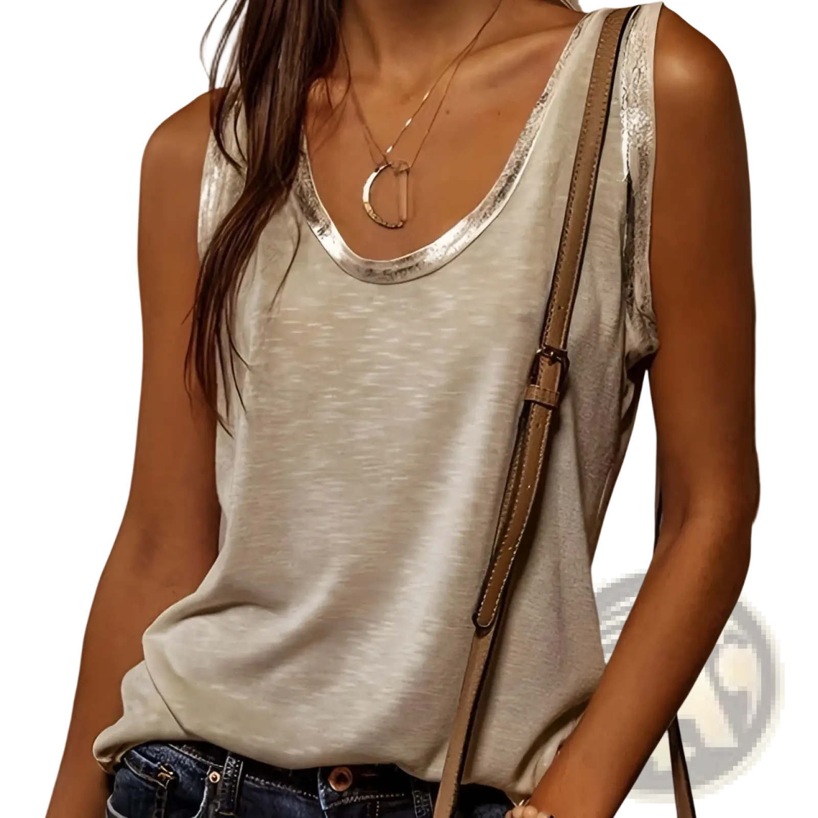 A soft heathered gray sleeveless tank top with shimmering silver trim on neckline and armholes for casual wear