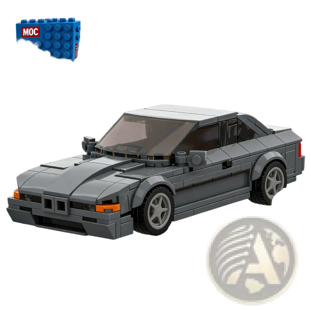 Gray sports car building set 337pcs diy toy model with orange headlights and black tires parked on brick-built street