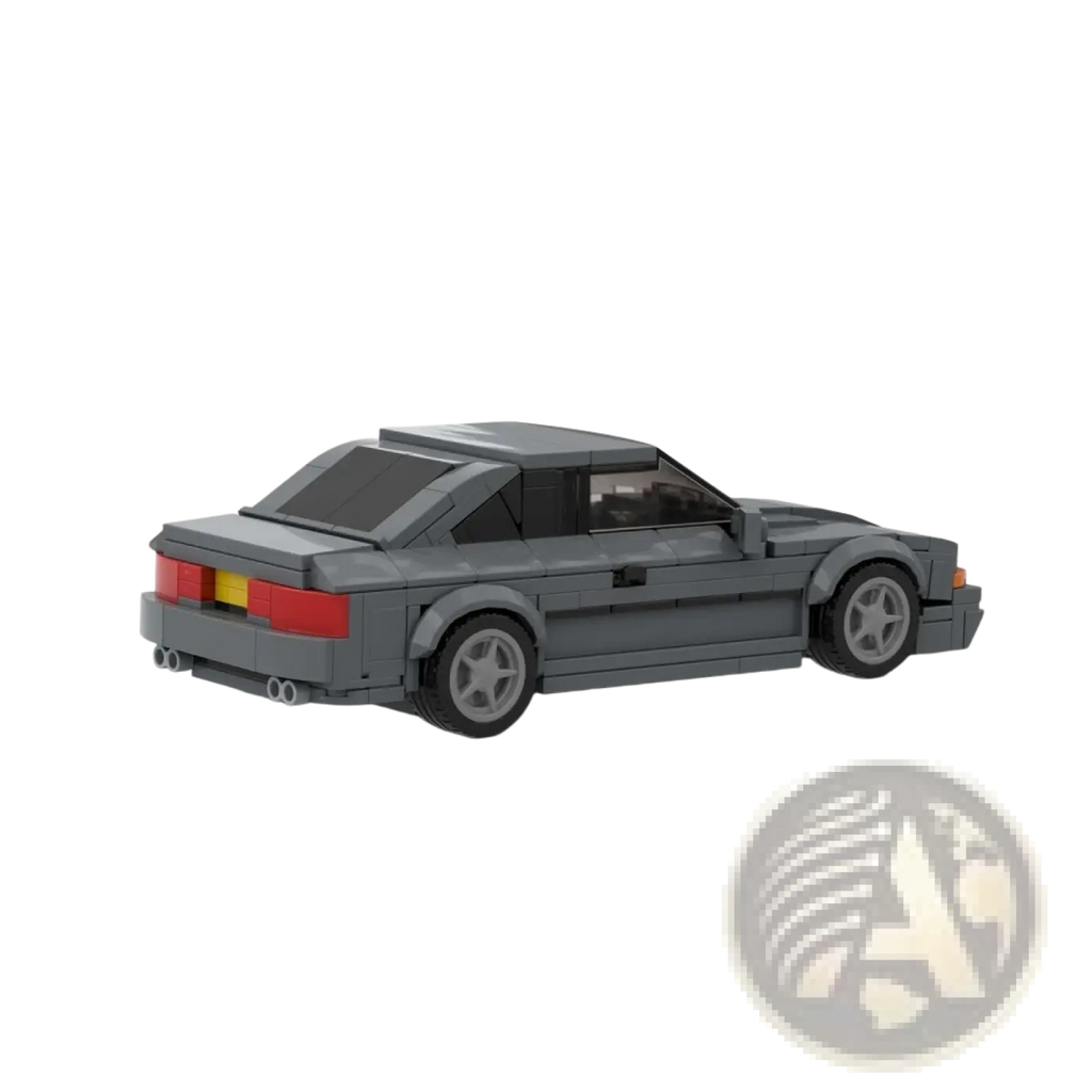 Gray sports car building set 337pcs diy toy model showing the back with red and yellow taillights and silver rims