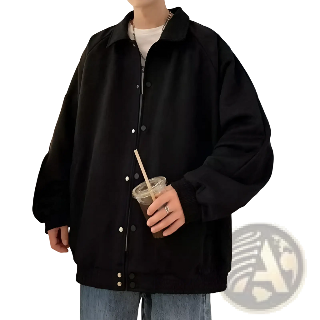 Black oversized bomber jacket with classic collar and button-front design in gray suede loose fit embroidered style