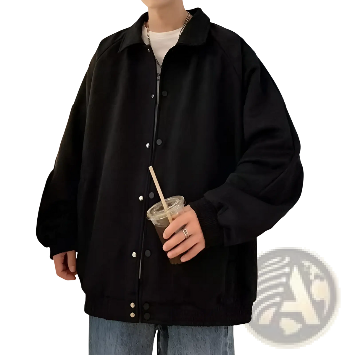 Black oversized bomber jacket with classic collar and button-front design in gray suede loose fit embroidered style