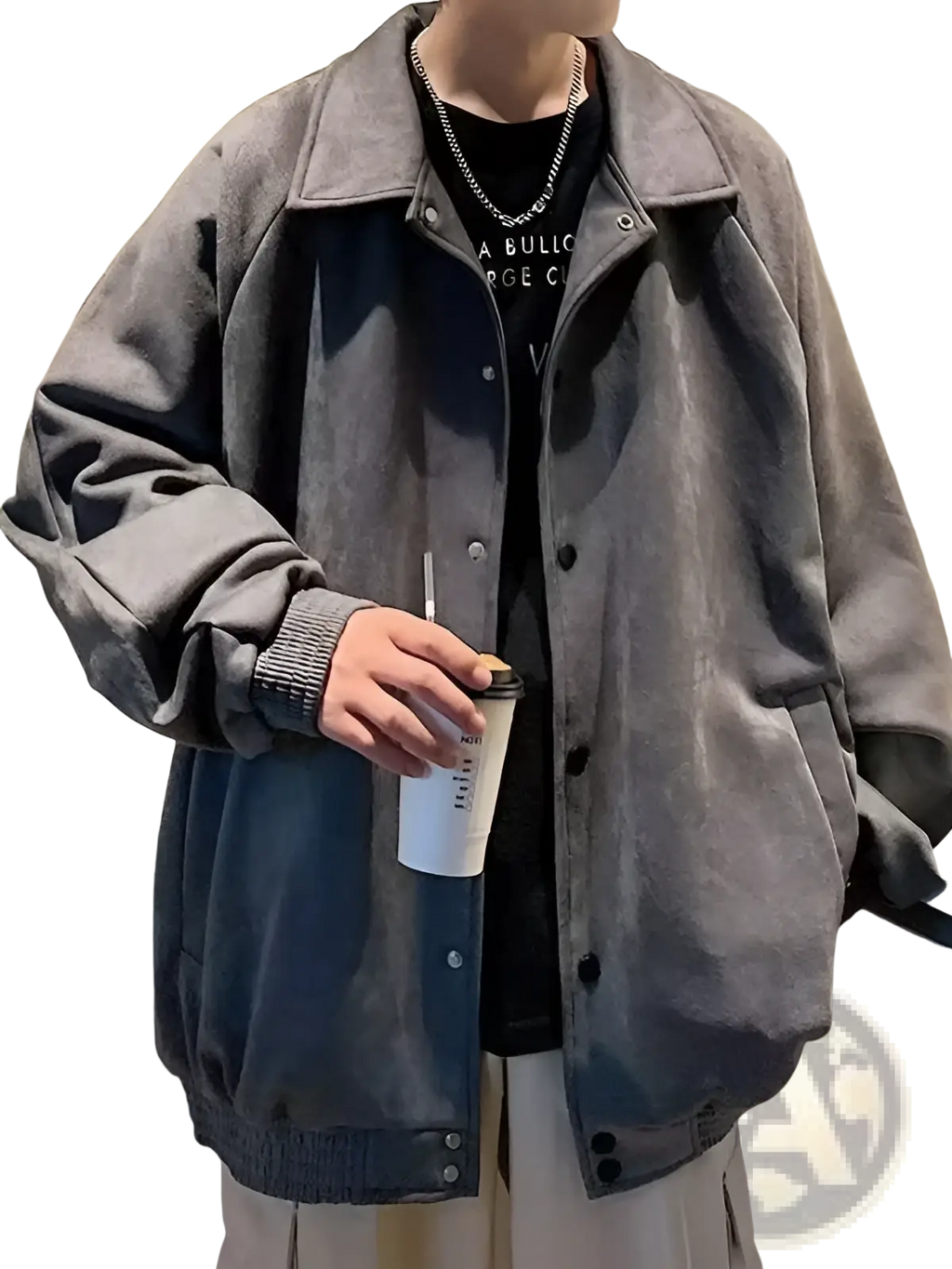 Gray suede bomber jacket with loose fit embroidery black buttons and ribbed cuffs for stylish outerwear use
