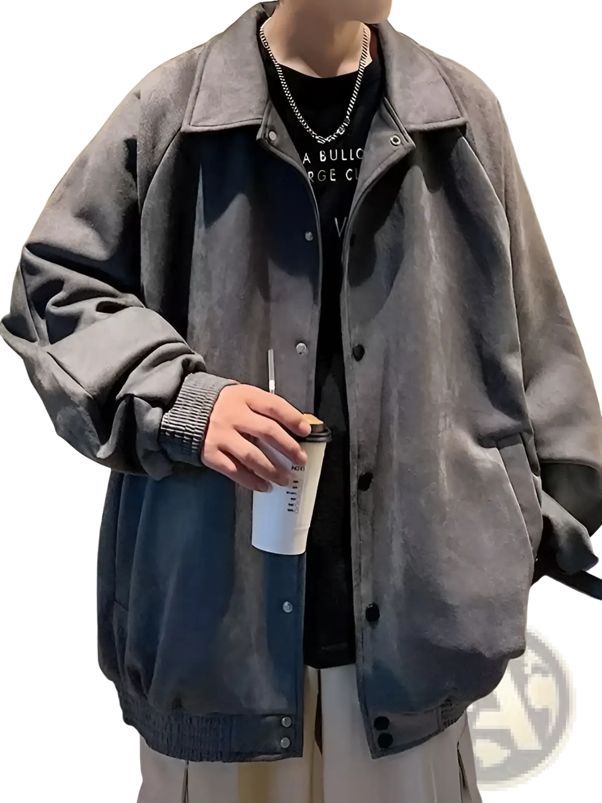 Gray suede bomber jacket with loose fit embroidery black buttons and ribbed cuffs for stylish outerwear use