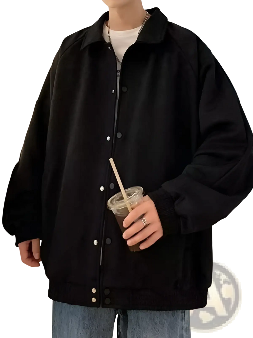 Black oversized bomber jacket with ribbed cuffs and hem and button-front closure in gray suede loose fit style