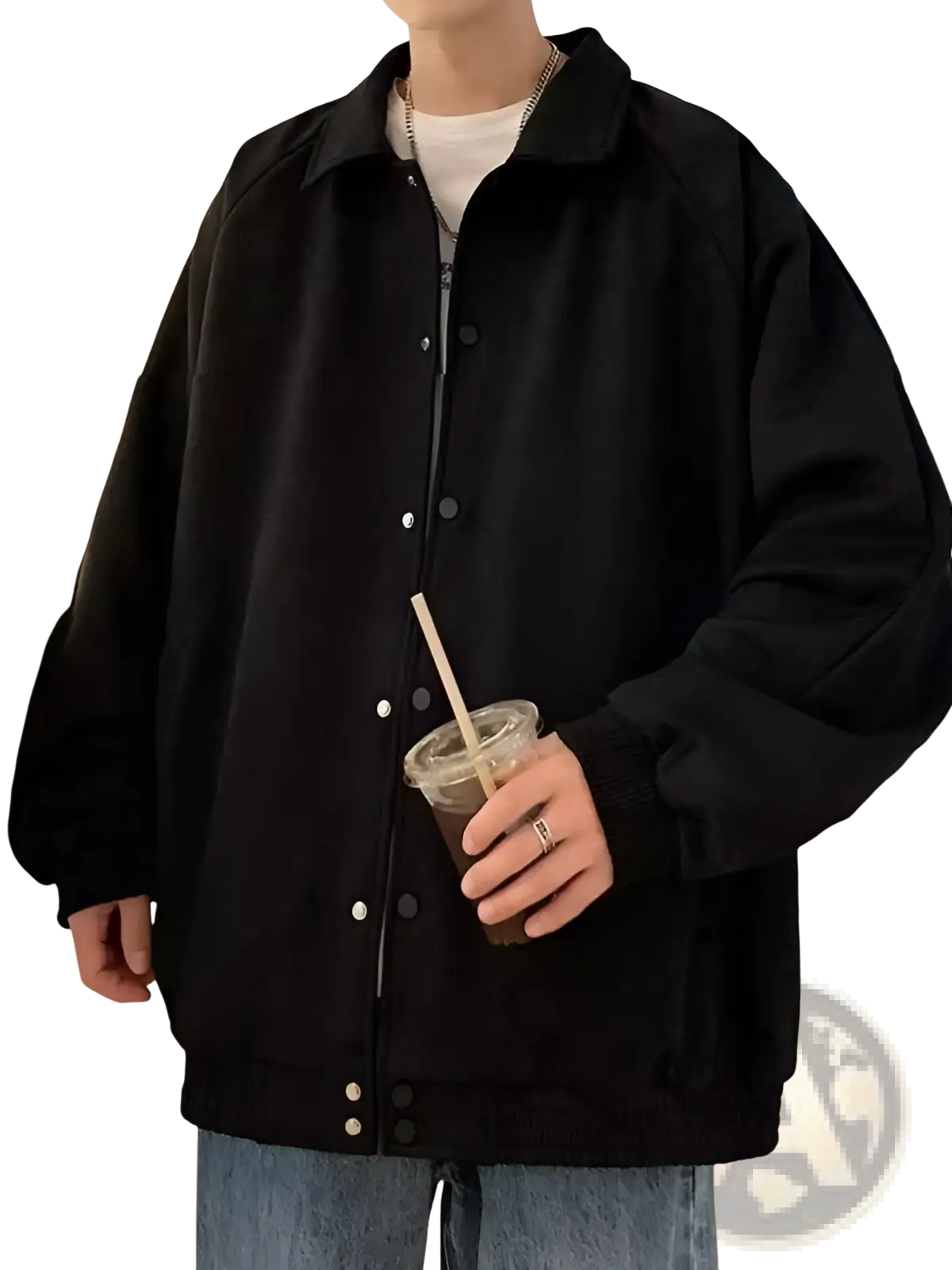Black oversized bomber jacket with ribbed cuffs and hem and button-front closure in gray suede loose fit style