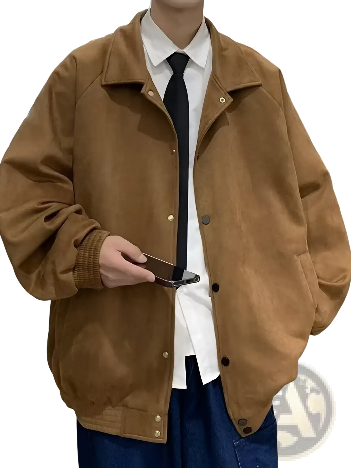 Brown suede bomber jacket with gold-tone buttons and ribbed cuffs featured in gray suede embroidered loose fit style