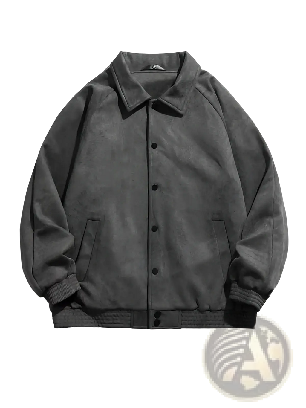 Gray suede bomber jacket loose fit with dark gray suede, black buttons, and ribbed cuffs for casual wear