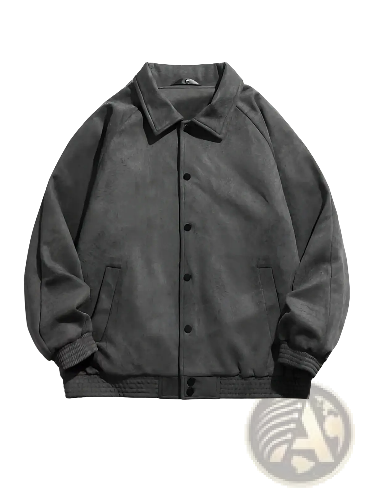 Gray suede bomber jacket loose fit with dark gray suede, black buttons, and ribbed cuffs for casual wear