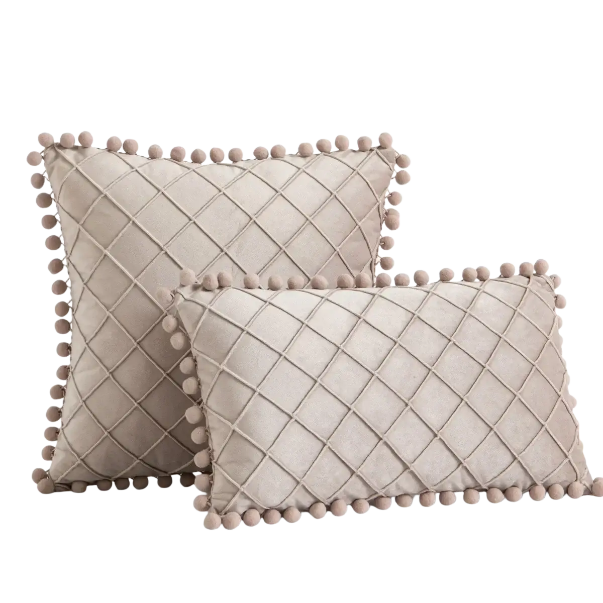 Gray velvet pillow cover in beige velvet with diamond-quilted pattern and pom-pom trim receiving positive feedback