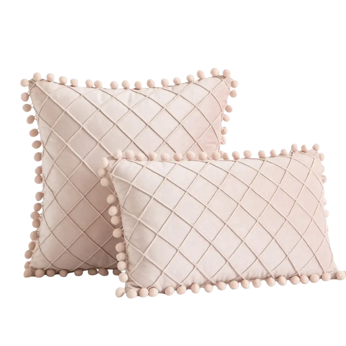 Blush pink velvet pillow cover with diamond-quilted pattern and fluffy pom-pom trim receiving positive feedback