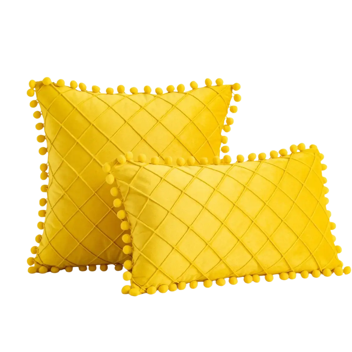 Bright yellow velvet pillow covers with diamond-quilted pattern and fluffy pom-pom trim receiving positive feedback