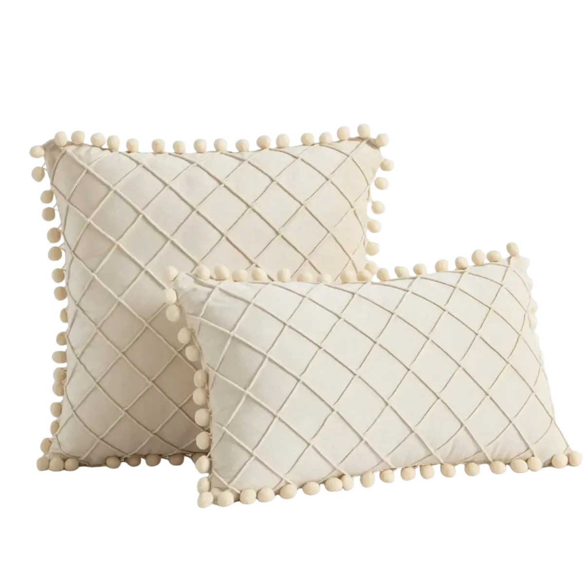 Gray velvet pillow cover with cream diamond-quilted pattern and pom-poms offers positive feedback in pillow covers quality