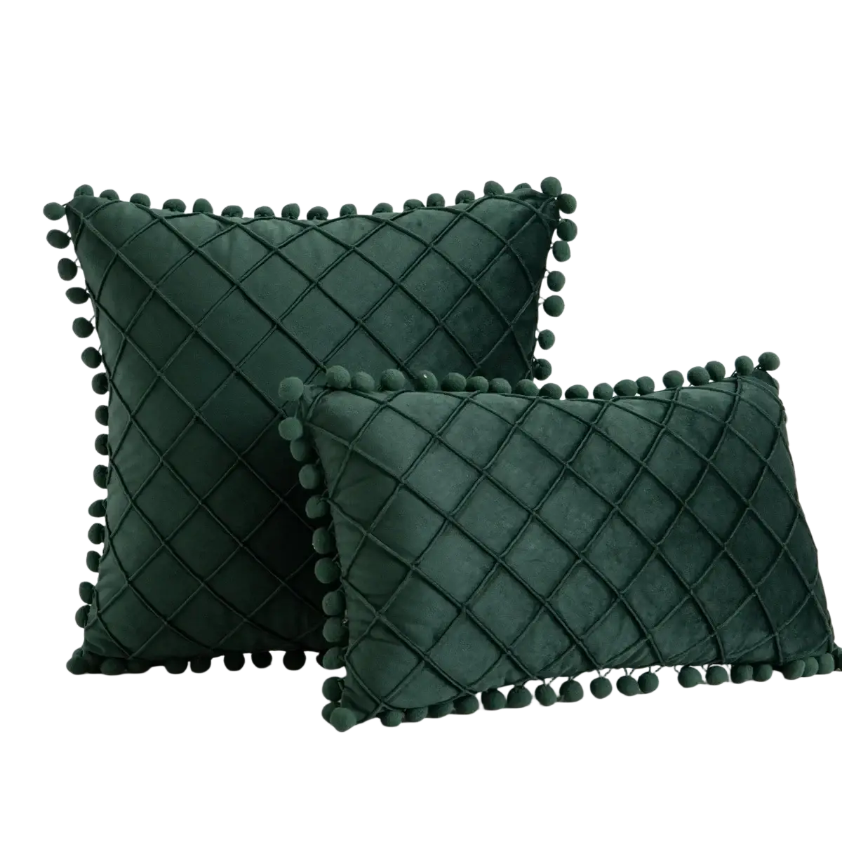 Gray velvet pillow cover with pom-poms featuring dark green velvet fabric, diamond-quilted pattern, and decorative trim for pillow covers with positive feedback